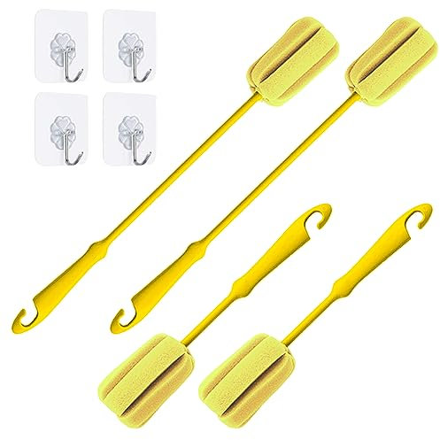 4PCS Yellow Soft Sponge Bottle Cleaning Brush Plastic Handle Cup Brush Scrubber Washing Brush vase Bottle Pot Cleaner（2 Size 10”15”）