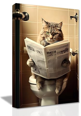 LZIMU Cute Cat Wall Art - Sitting on Toilet Reading Newspaper, Canvas Prints, Funny Animal Bathroom Picture, Framed (Bathroom-5, 12x18 (30.00 x 45.00 cms))