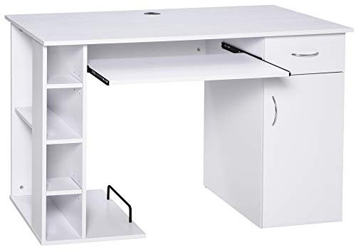 HOMCOM Mesa Escritorio para PC Mesa de Ordenador con Estantes Abiertos y baldas Ajustables Armario Soporte para CPU y Bandeja Extraíble 120x60x74 cm Blanco