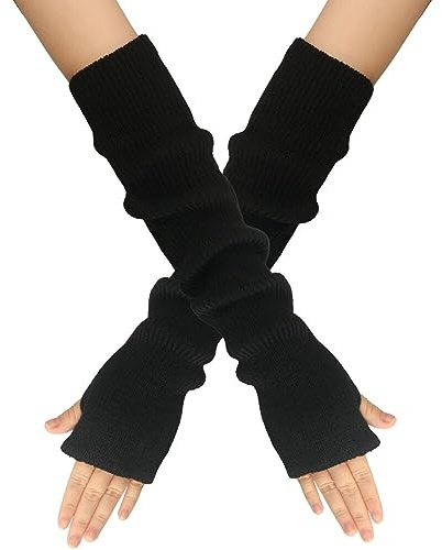 Surakey Winter Gestrickte Handschuhe für Damen, 1 Paar Fingerlose Armstulpen Feinstrick lang Handwärmer Stulpen, Warm Strick Handschuhe Pluswärmer Handstulpen Armwärmer Stulpen für Damen,Schwarz