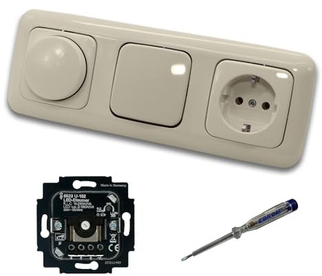 Busch Jäger 6523U-102 LED Drehdimmer Dimmer + Dimmerscheibe 2115-212 + Kreuzschalter 2000/7US + Steckdose 20EUC-212 DURO2000 cremeweiß glänzend + EBROM Phasenprüfer zur Montage der Geräte 6523 U – 102