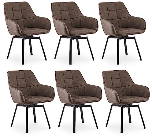 CLIPOP Esszimmerstühle Drehbar Set mit Armlehne, Kunstleder Polsterstuhl Gepolstert Sitz Küchenstuhl Drehstuhl Armlehnenstuhl für Esszimmer Wohnzimmer Büro (6er Set, Kunstleder Braun)