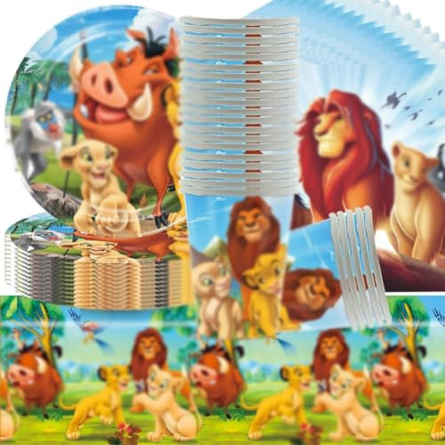 L-ion Couverts de Fête, Vaisselle Anniversaire Le Roi L-ion, Vaisselle de fête D'anniversaire de Lon K-ing,Nappe, Assiettes,Serviettes et Gobelets en Papier (61PCS 20Invités)