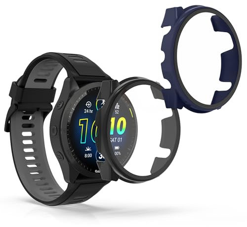 kwmobile Carcasa Compatible con Garmin Forerunner 965 Funda - 2X Protector Pantalla Completo de Cristal Templado - Ultrafino y antigolpes - Negro/Azul Oscuro