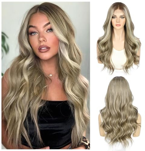 Sapphirewigs Lace Front Perücke 13x4 Synthetische Perücken Körper Welle Braun Highlight Lace Front Haare Vorgezupfte Daily Wear Party Date Weihnachten 22 inch