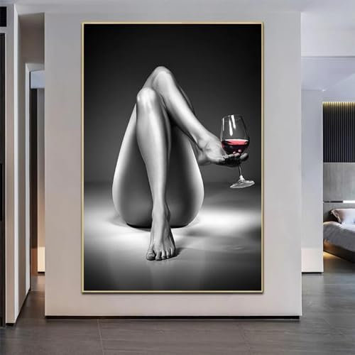 CHAOJIART Nackte Frau, Weinglas, Gemälde, Leinwanddrucke, schwarz-weiß, sexy Mädchen, Poster, Wandkunst, modernes Bild, Wohnzimmerdekoration, 70 x 100 cm, rahmenlos