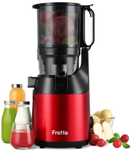 Fretta Extracteur de jus Max, Extracteur de jus de fruits et légumes, Slow Juicer Grand diamètre de 135 mm, 1.8L pressé à froid, Sans BPA, Rouge