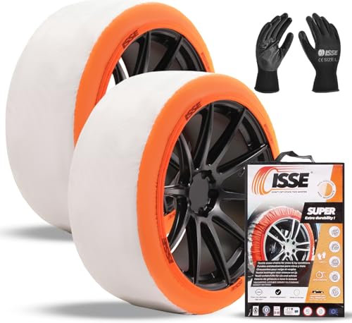 Schneeketten ISSE Super T-54 | Homologierte- EN 16662-1 -Textil-Schneeketten für Autos - Universelle Ketten für den täglichen Einsatz bei Schnee und Eis - Kit mit 2 Schneeketten + Handschuhe