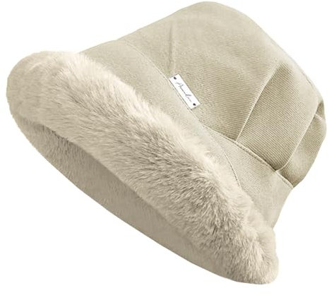 NLAND Damen Winter Fischerhüte Pelzig Fischerhut Elegant Winddichte Wintermütze Kunstpelz Flauschige Cloche Bucket Hat(Beige)