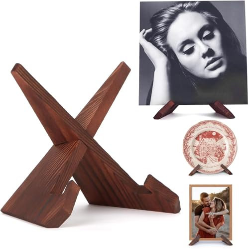 Soporte de Madera para Platos y Discos de Vinilo - Expositor Decorativo de Mesa para Libros, Marcos de Fotos - Estante de Madera Minimalista y Elegante para Exhibición de Platos Decorativos y Vinilos