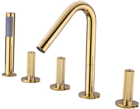 BiaoTeng 5 Loch Wannenarmatur Wannenrand Warm und Kalt mit Handbrause mit Ausziehbarem Badewannenarmatur mit Handbrause Brauseschlauch Badewannenarmatur Gold