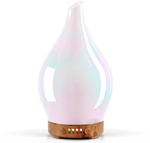 Porseme Aroma Diffuser 150ml, Handgeblasen Glas Diffuser für Ätherische Öle,Luftbefeuchter mit Timer Ultraschall Cool Mist Leise,7 Arten LED Lichtfarben,Auto Power-Off BPA Frei für Wohnung(White Jade)