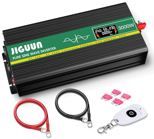 JIGUUN 3000W Convertisseur 24V 220V Pur Sinus Onduleur transformateur Puissance crête 6000W avec Télécommande sans Fil Écran LCD 2 Prises EU 1 Port USB pour Voiture Camping Voyage Urgence