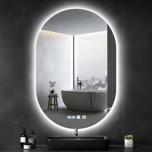 Sararoom Miroir de Salle de Bain Double Coupole 50 X 75 cm avec Lampe LED et Interrupteur à Double Touche, Trois Températures de Couleur, Intensité Variable, Anti-Buée, Modèle Mural