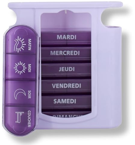MEDIPILL - Tower Dose Pilulier Semainier Français | Organisation Hebdomadaire des Médicaments | 7 jours | 4 Moments de Prise par Jour | 28 Compartiments | Sans BPA | Une pièce | MED-S28T-V-F