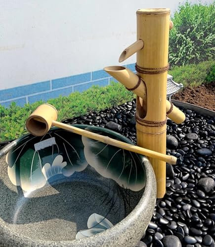 Fontaine À Eau Aux Accents De Bambou,Fontaine Bassin Exterieur Jardin Japonais Exterieur,Kit Fontaine en Bambou avec Pompe,Fontaine Intérieure avec Pompe À Eau, H80cm,Conteneur Non Inclus