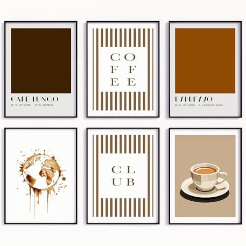 MJ-GRAPHICS® 6er Poster Set Coffee Club Küche Bild Espresso Latte Macchiato Kaffee Ecke Bilder Café Lungo Wandbilder Küche Kaffee Bilder Vintage Deko Poster Retro Café Wandkunst A4 – Ohne Rahmen