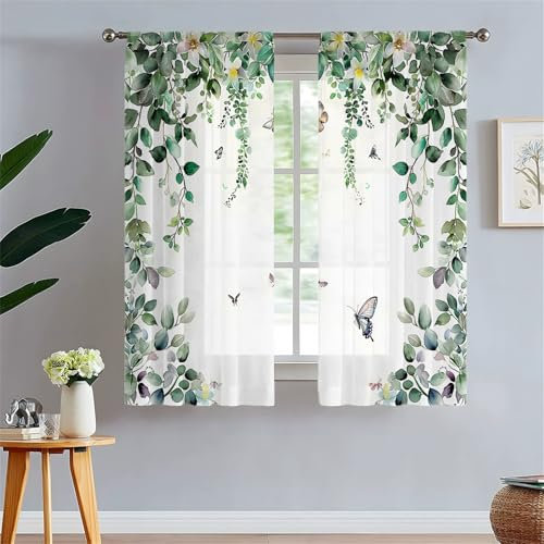 Odot Halbtransparente Vorhänge mit Stangentasche, 3D Grün Blatt Muster Voile Gardinenvorhang 2 er Set Fensterschal Moderne Vorhänge Fenster für Wohnzimmer Schlafzimmer (Zweig,130x160cm)