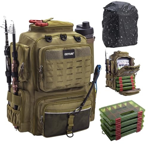 Goture Sac à Dos de Pêche 45L Imperméable, 2 Porte-Cannes, Housse de Pluie