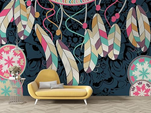 Tapete Traumfänger Fototapete Boho Feder Muster 3D Tapeten Selbstklebend Stofftapete Wandtapete für Wohnzimmer Schlafzimmer Kinderzimmer - 400x280cm (Breite x Höhe) - AB18