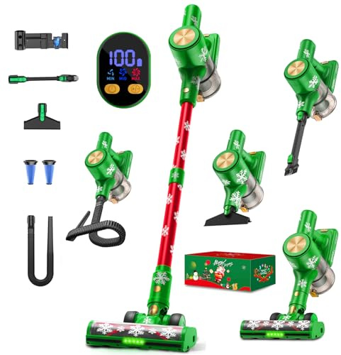 SUXIANGVAC Akku Staubsauger 48KPa/500W/55Mins, Staubsauger Kabellos mit Wandmontierte Ladestation, Selbststehende, LED Display, Anti Tangle Bürste, fürTierhaare/Teppiche/Hartböden/Auto, Weihnachten