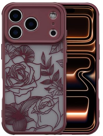XIZYO Niedlich Rose Blume Hülle für iPhone 17 Pro 6,3 Zoll, Wein Rot | Ästhetisch Floral Muster, Luxus Vintage Mädchen Stil, Schlanke Dünne, Matt Transluzent Gestaltung, Stoßfest Anti-Gelb
