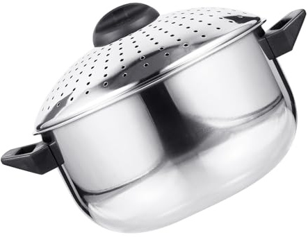 GARVALON Pentola Acciaio Inox Argento per Cuocere la Pasta Coperchio Scolapasta e Design a Fibbia Antiscivolo, Pentola Pratica e Resistente per Cucina Veloce