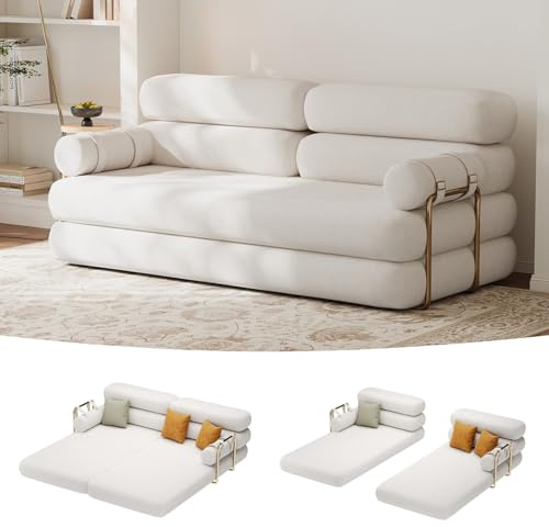 Homary Schlafsofa mit Schlaffunktion Klappbares, Samtbezug Sofa Bed Klappbett, 3-Sitzer Big Sofa 206 cm, Moderne Weiße Sofa mit Nackenkissen, Sofas & Couches für Wohnzimmer, Gästezimmer