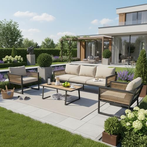 Ensembles de mobilier de terrasse, Salon de jardin en polyrotin, canapé d'angle modulable résistant aux intempéries, Sièges en rotin tressé avec coussins et table basse pour cour (Beige, 5 places)