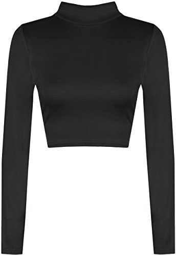 WearAll New Womens Turtle Neck Crop Ladies Long Sleeve Plain Polo Short Stretch Top Black 12/14