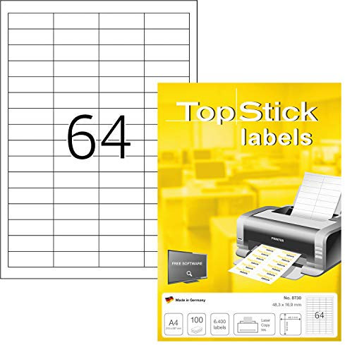 TopStick 8730 Universal Etiketten, 100 Blatt, 48,3 x 16,9 mm, 64 pro A4 Bogen, 6400 Stück, selbstklebend, bedruckbar, matt, blanko Papier Klebeetiketten Aufkleber, weiß