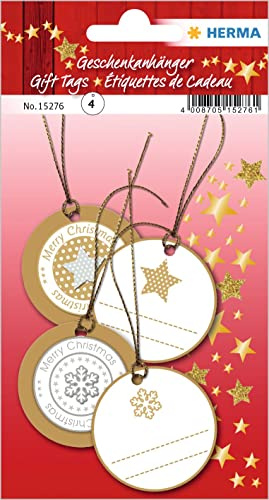HERMA 15276 Geschenkanhänger Weihnachten zum Beschriften Glitzer Weiß Gold rund, 4 Stück, Weihnachtsanhänger mit Weihnachtsmotiv, Kinder Hängeetiketten für Geschenke Weihnachtsdeko Dekoration DIY