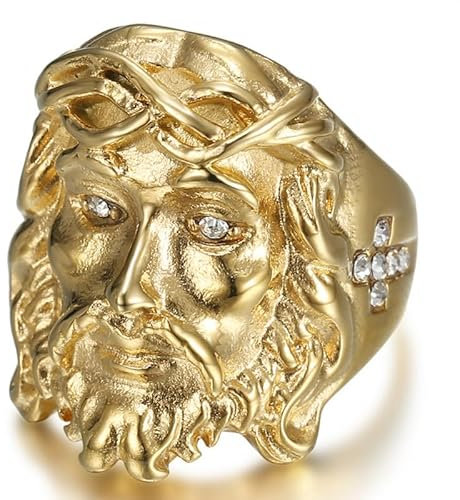 BOBIJOO JEWELRY - Bague Chevalière Jésus Visage du Christ Acier inoxydable Or Doré Plaqué Faux Diamants - 21,6 (12 US)