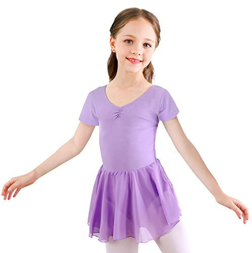 Bezioner Ragazza Balletto Leotard Vestito Danza Tutu Body Ginnastica Manica Corta con Chiffon Gonna (110 (100-110 cm,4-5 Anni), Viola)