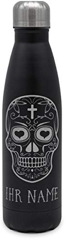 printplanet - Isolierte Trinkflasche mit Text oder Namen graviert - Edelstahl Thermo-Flasche mit Gravur, 500ml - Schwarz - Motiv: Totenkopf