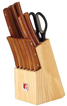 BERGNER Set di 13 coltelli e Ceppo portacoltelli in Legno Naturale, Acciaio Inossidabile