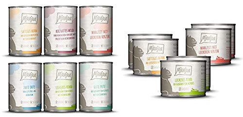 MjAMjAM - Premium Nassfutter für Katzen - Mixpaket III - Wild & Kaninchen, Pute, Ente & Geflügel, Herzen, Huhn, Rind & Premium Nassfutter für Katzen - Mixpaket I - Huhn, Rind, Herzen, 6er Pack