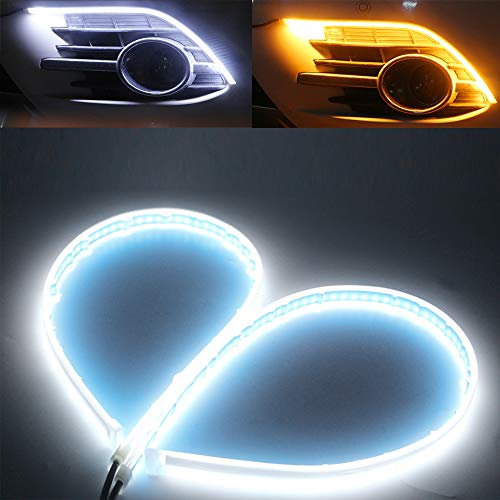 QasimLed 2-Pack 60cm Auto bianche e gialle DRL LED Luci di marcia diurna Auto Flowing Indicatori di direzione Striscia guida Gruppo faro Impermeabile
