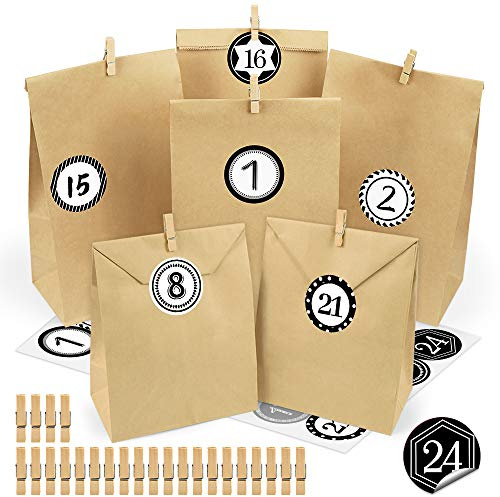 Bluelves Adventskalender zum Befüllen, 24 Adventskalender Kraftpapiertüten, DIY Adventskalender Selber Basteln, mit 24 Zahlenaufklebern und Klammern, Geschenktüte zum Basteln und Befüllen