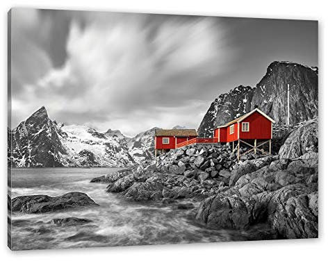 Pixxprint Einsames rotes Haus am Meer in Norwegen B&W Detail, Größe: 120x80cm, Leinwandbild, fertig gespannt, Wandbild, Dekoration, Kunstdruck, kein Poster