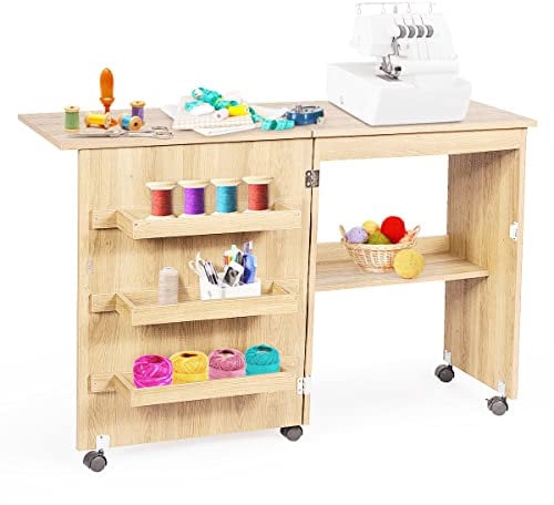 RELAX4LIFE Faltbarer Nähtisch auf Rollen, Nähmaschinenschrank aus Holz, Nähschrank, Mehrzwecktisch, ideal für Wohnzimmer, Schlafzimmer und Arbeitszimmer (Beige)