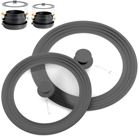 LSR Loreso Universal Pan Lid for Pots Pans and Skillets 7.5-11.5 Inch - Tempered Glass Pot Lid Set with Auto-Sizing Silicone Rim, 2 Pack Grey