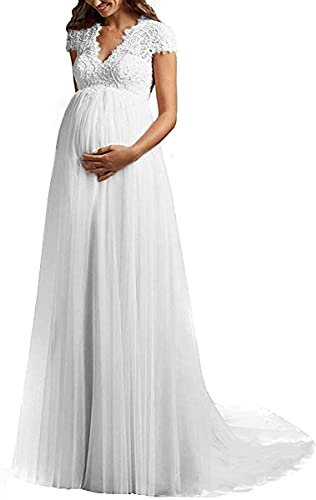 DUMOO Robe de mariée de maternité Longue Robes de mariée Enceinte V Col en Dentelle Robes de mariée Grandes tailles avec remorquage, Blanc., 46