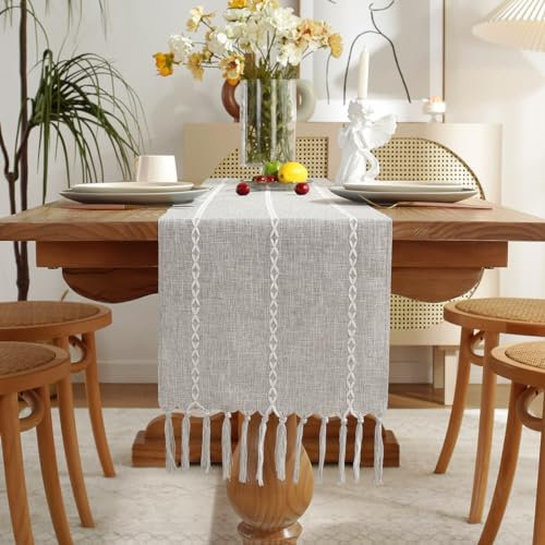 Wracra Baumwoll Leinen Tischläufer Bauernhaus Stil Grau Tischläufer 180cm mit Handquasten für Partys, Esszimmer-Dekorationen, Dessert-Tischdekoration(Leichter Grau, 180cm)