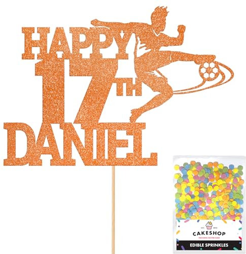 Personalised Birthday Football Footballer Cake Topper- Copper Orange Any Name & Age Glitter Cake Decoration and Sprinkles - Happy Birthday Decorations - Personalised Toppers for Cakes by Cakeshop