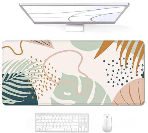 Auhoahsil Large Mouse Pad, XXL Gaming Mousepad, Desk Mat for Desktop, Thick Rubber, Big & Long Size, Stitched Edges, Full Desk Pad for Laptop & Computer, Extended 31.5 x 11.8 in, Boho Leaves