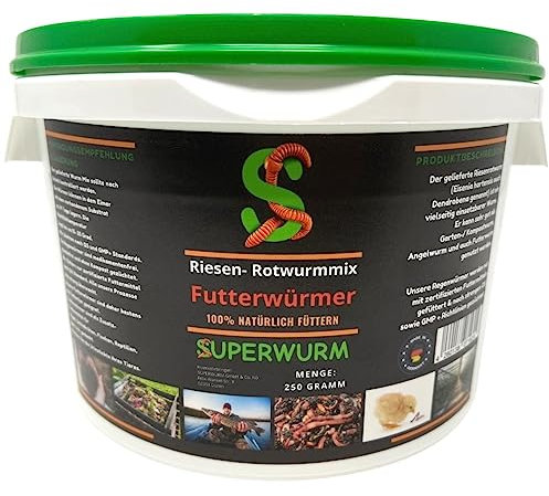 SUPERWURM Futterwurm-Mix 250g (ca.300 St.) - Der Riesen-Rotwurmmix mit lebenden Futterwürmern I Gesunde & nachhaltige Fütterung Ihrer Fische, Reptilien, Hühner, Schildkröten, Vögel