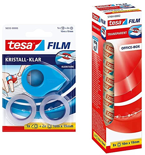 tesafilm Mini Abroller Pink, Blau oder weiß mit 2 x Kristall Klar Rollen, 10M: 19mm & film transparent - Transparentes Klebeband mit starker Haftung - 10 m x 19 mm - 8er Pack