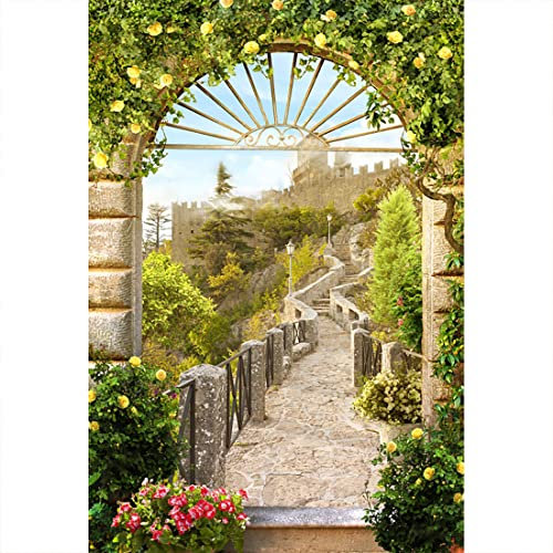 Aoihrraan 1,5x2,2m Vintage Medieval Castle Photography Backdrop European Ancient Building Spring Garden Floral Arch Background Birthday Wedding Party Outdoor Travel Portrait Photo Studio Video Props