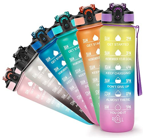 YC Kitchen 1 Liter Motivierende Trinkflasche mit Zeitmarkierungen, Auslaufsichere BPA-Freie Sport Wasserflasche 1L mit Strohhalm und Tragegurt